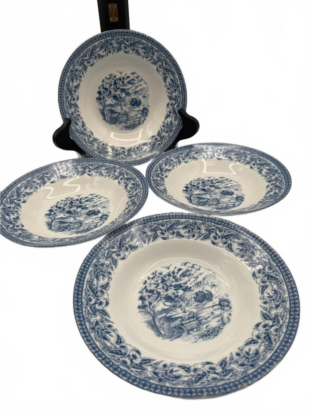 Set of 4 Royal Heritage Country Cottage Blue White Soup Bowl 8.5" Fine Porcelain